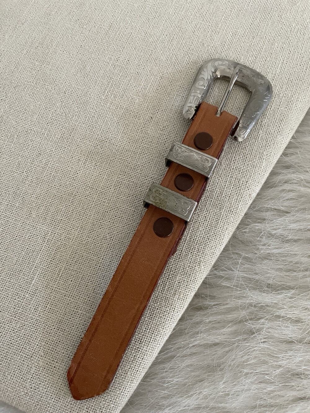 Vintage Leather Tan Belt Ranger Connector Accesory Silver Tone Engraved Parts